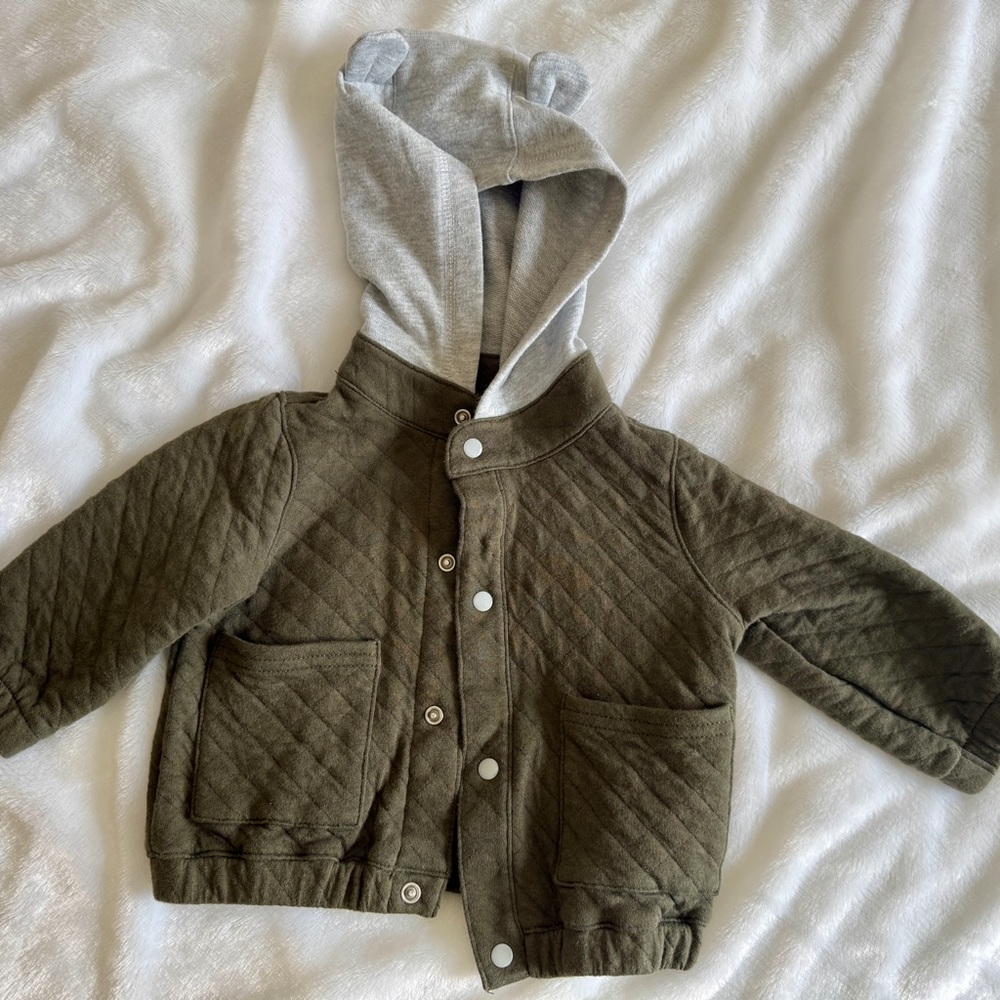 Carter's Quilted Hooded Baby Jacket in Olive Green with Gray Hood with Ears